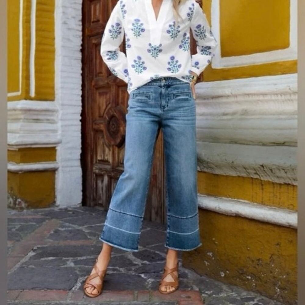 NWT Talbots Wide Leg Crop Jeans 24W Fray Hem Boho Casual Cotton 25” Inseam
